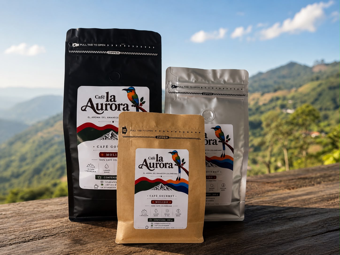 Presentaciones de Café La Aurora frente a las montañas de Risaralda